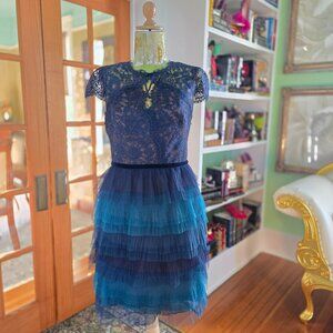 Marchesa Notte Tiered Lace Ruffled Cocktail Dress